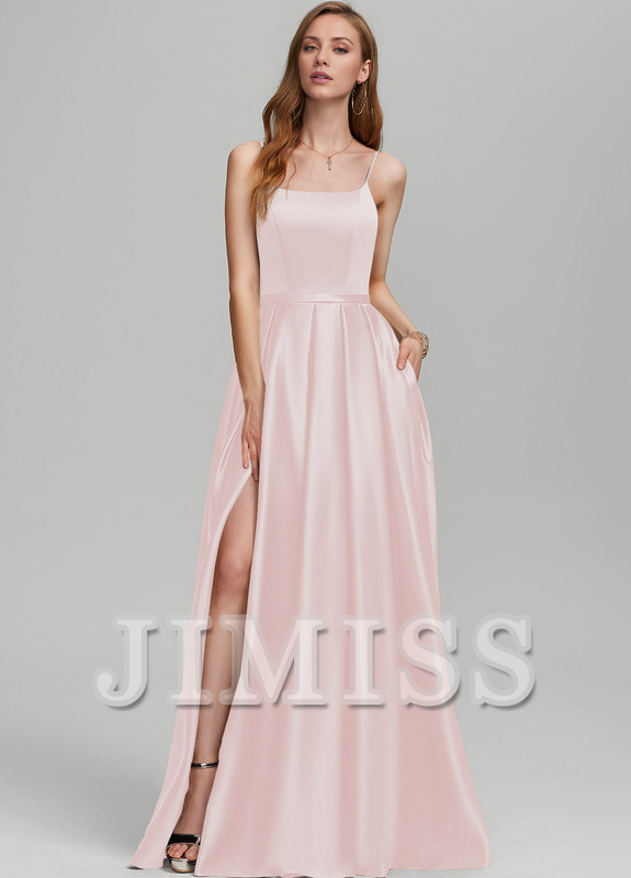 Abito da damigella d'onore in raso a trapezio con scollo a V e lunghezza al pavimento