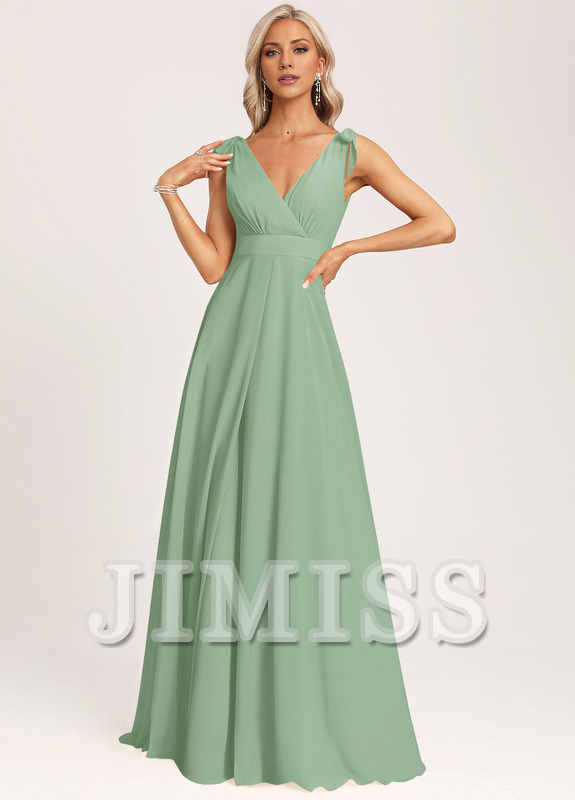 Vestido de dama de honor con escote en V y lazo de gasa en el fondo