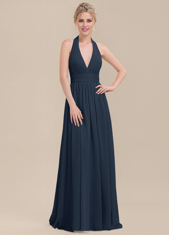 Vestido de dama de honor de gasa con volantes, corte A, cuello halter y largo hasta el suelo