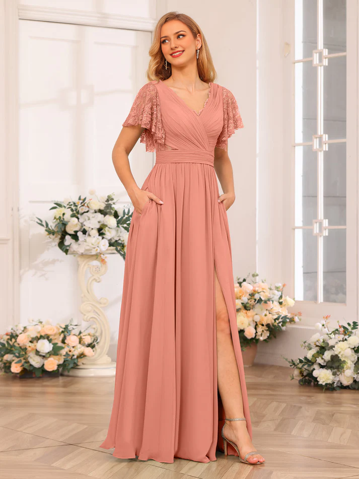 Chiffon One-Shoulder Flutter Sleeve Ruched Bodice High-Slit A-Line Floor-Length Soft Mint Bridesmaid Dresses