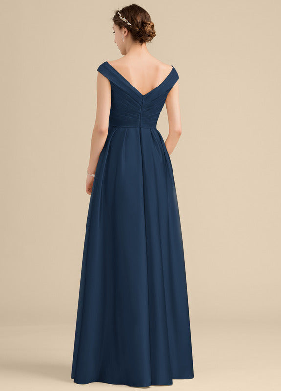 Vestido de dama de honor de satén con volantes, corte A, hombros descubiertos y largo hasta el suelo