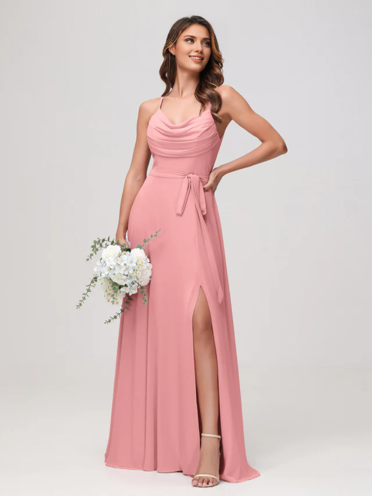 Olive Green Chiffon A-Line Floor-Length Dress with Cowl Neck and High Slit