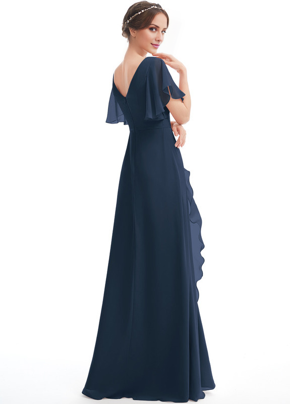 Dark Navy Chiffon A-Line Floor-Length Dress with V-Neck & Flutter Sleeves