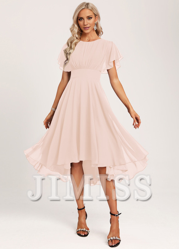 Vestido de dama de honor asimétrico de gasa con volantes, corte A y cuchara