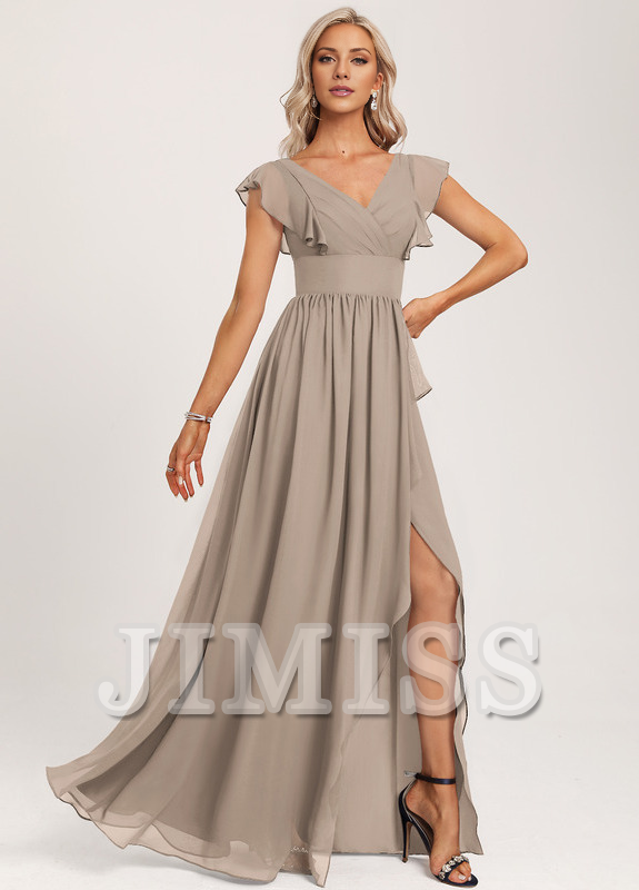 Vestido de dama de honor de gasa con volantes, escote en V y largo hasta el suelo