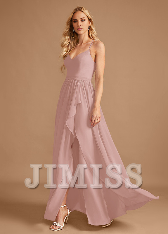 Vestido de dama de honor de gasa con volantes asimétricos y escote en V en forma de A