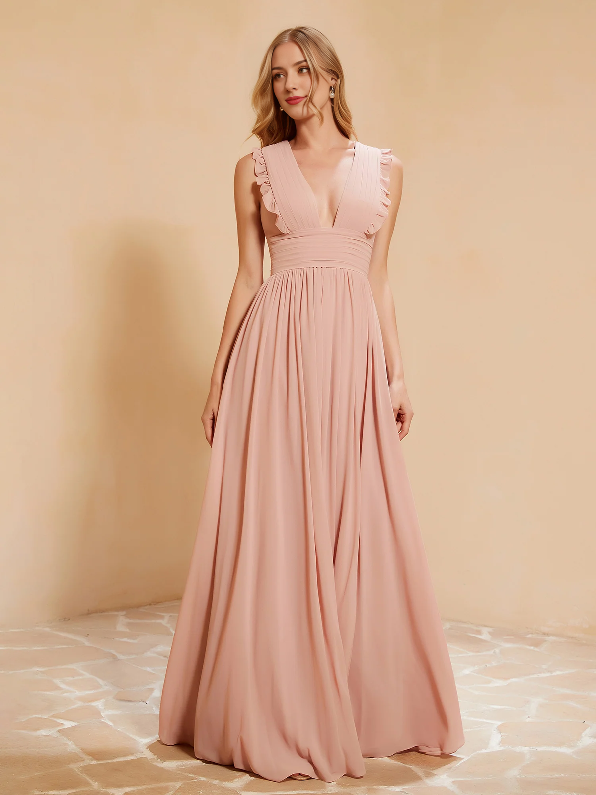 Dusty Rose Chiffon A-Line Floor-Length Dress with V-Neck and Ruched Bodice + Ruffled Straps