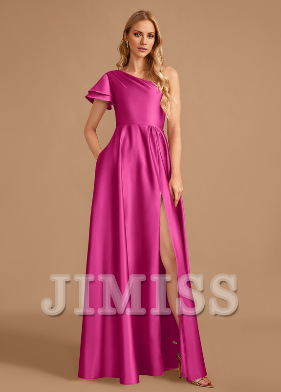 Abito da damigella d'onore in raso, monospalla, lungo fino a terra, a trapezio