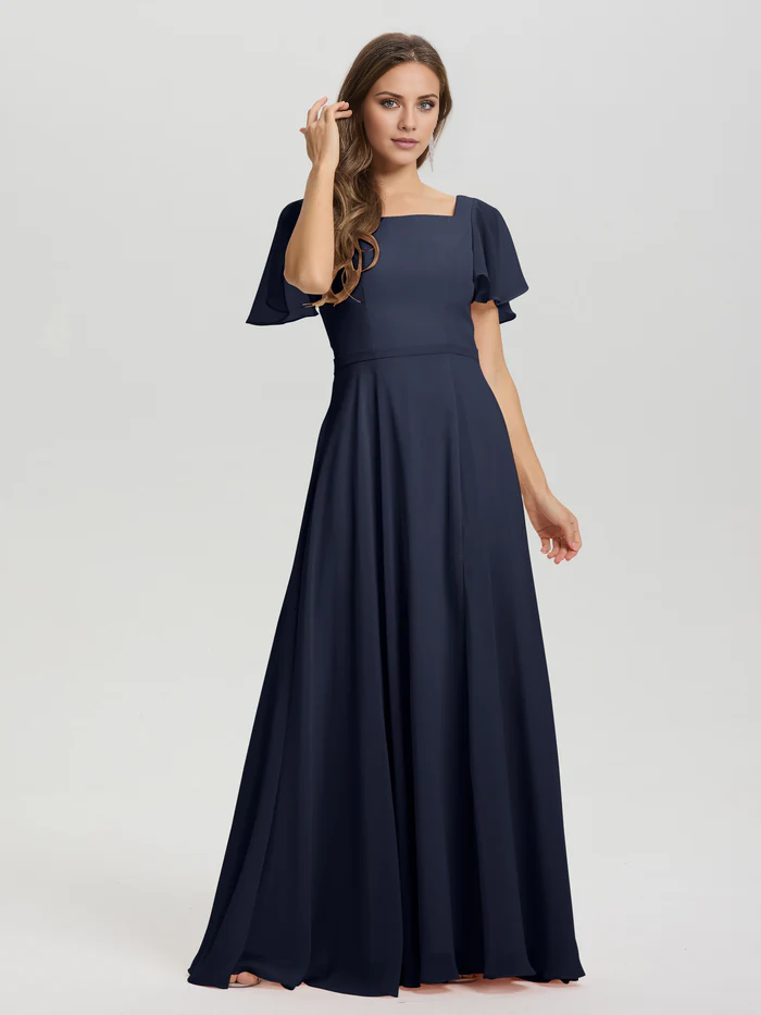 Vestido de dama de honor de gasa con cuello cuadrado, corte A, mangas cortas con volantes y largo hasta el suelo