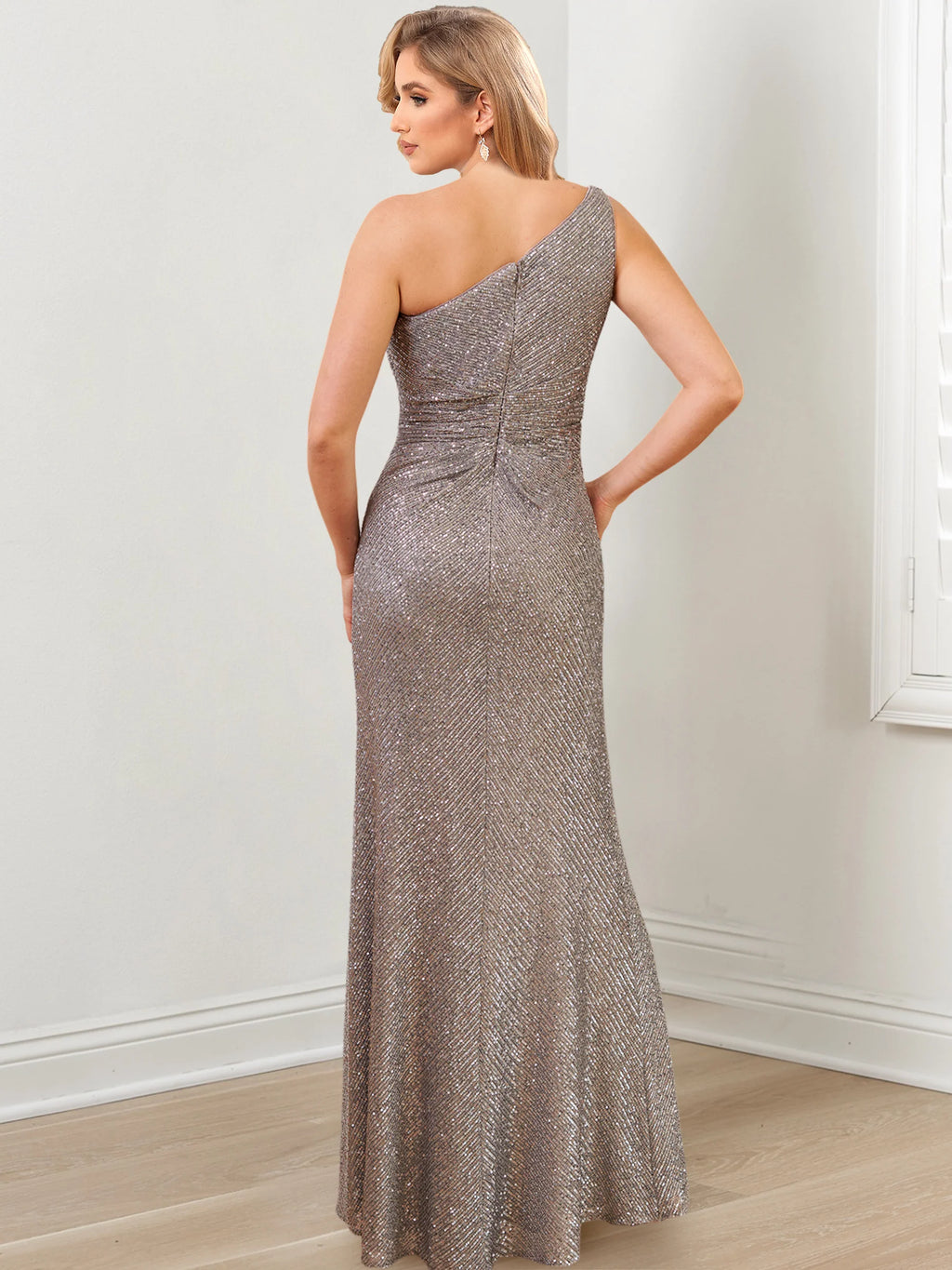 Silver Sequin One Shoulder Sheath Floor-Length Gown with High Slit