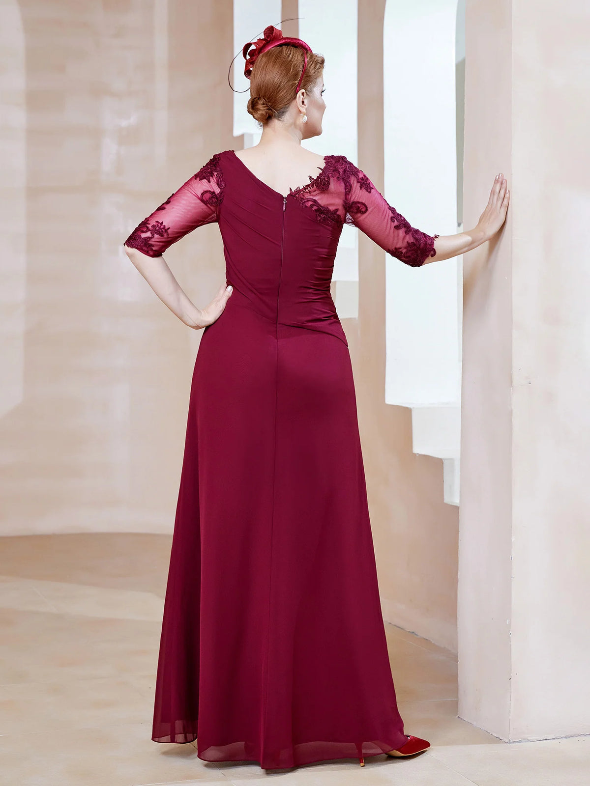 Burgundy Chiffon A-Line Floor-Length Evening Dress with Lace Bodice and Draped Waist