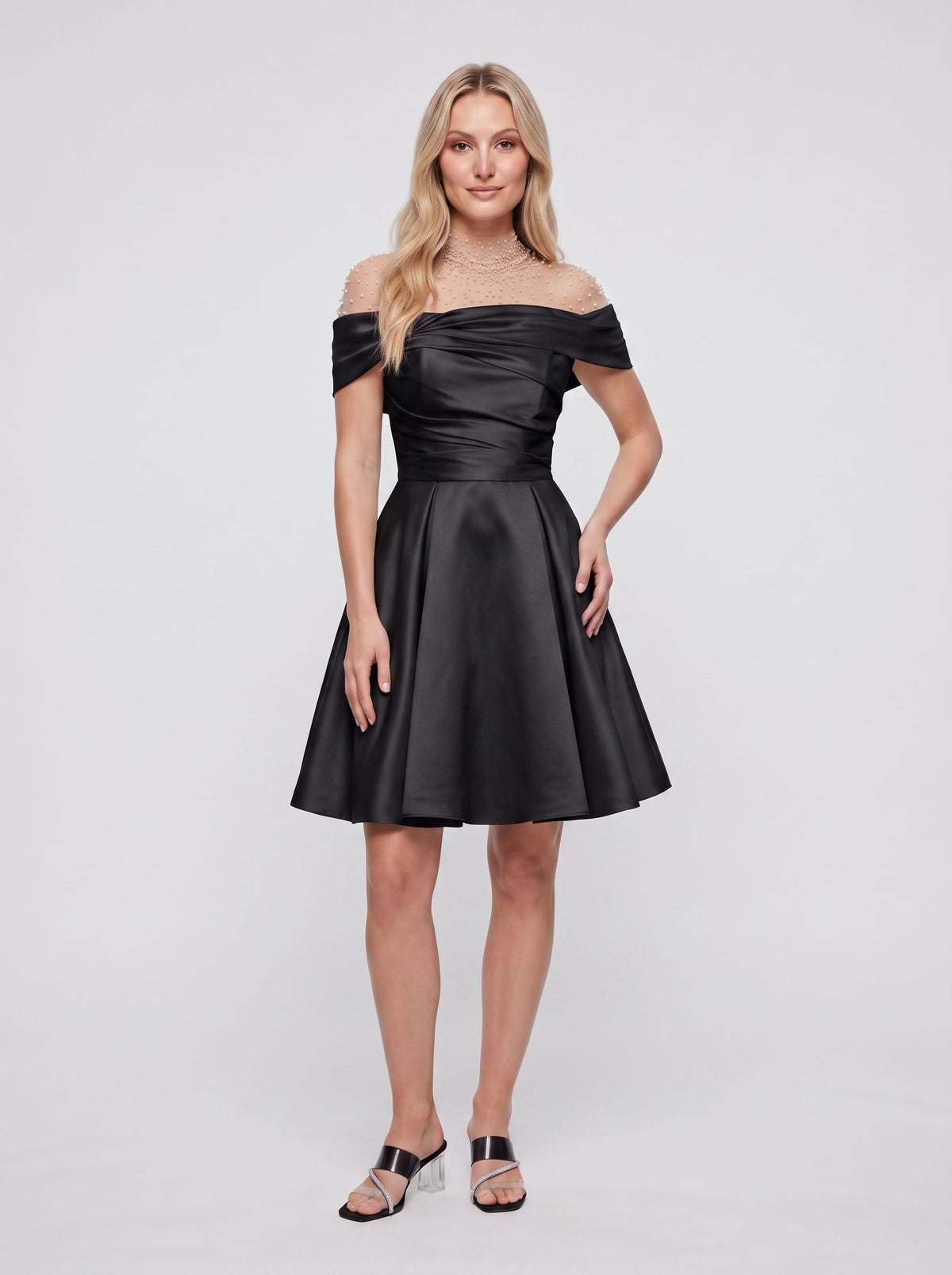 Ivory Satin A-Line Off-the-Shoulder Floor-Length Evening Dress