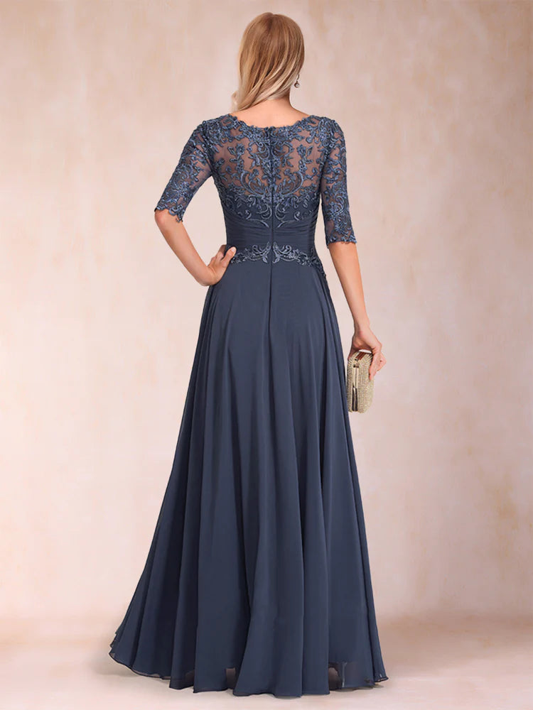 Slate Blue Chiffon A-Line Floor-Length Evening Dress with Boat Neck & Lace Bodice
