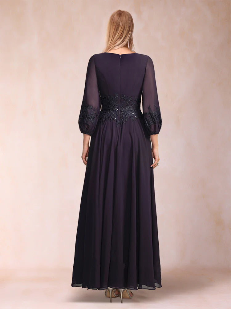 Dark Navy Chiffon A-Line V-Neck Floor-Length Dress with Embroidered Bodice & Sheer 3/4 Sleeves