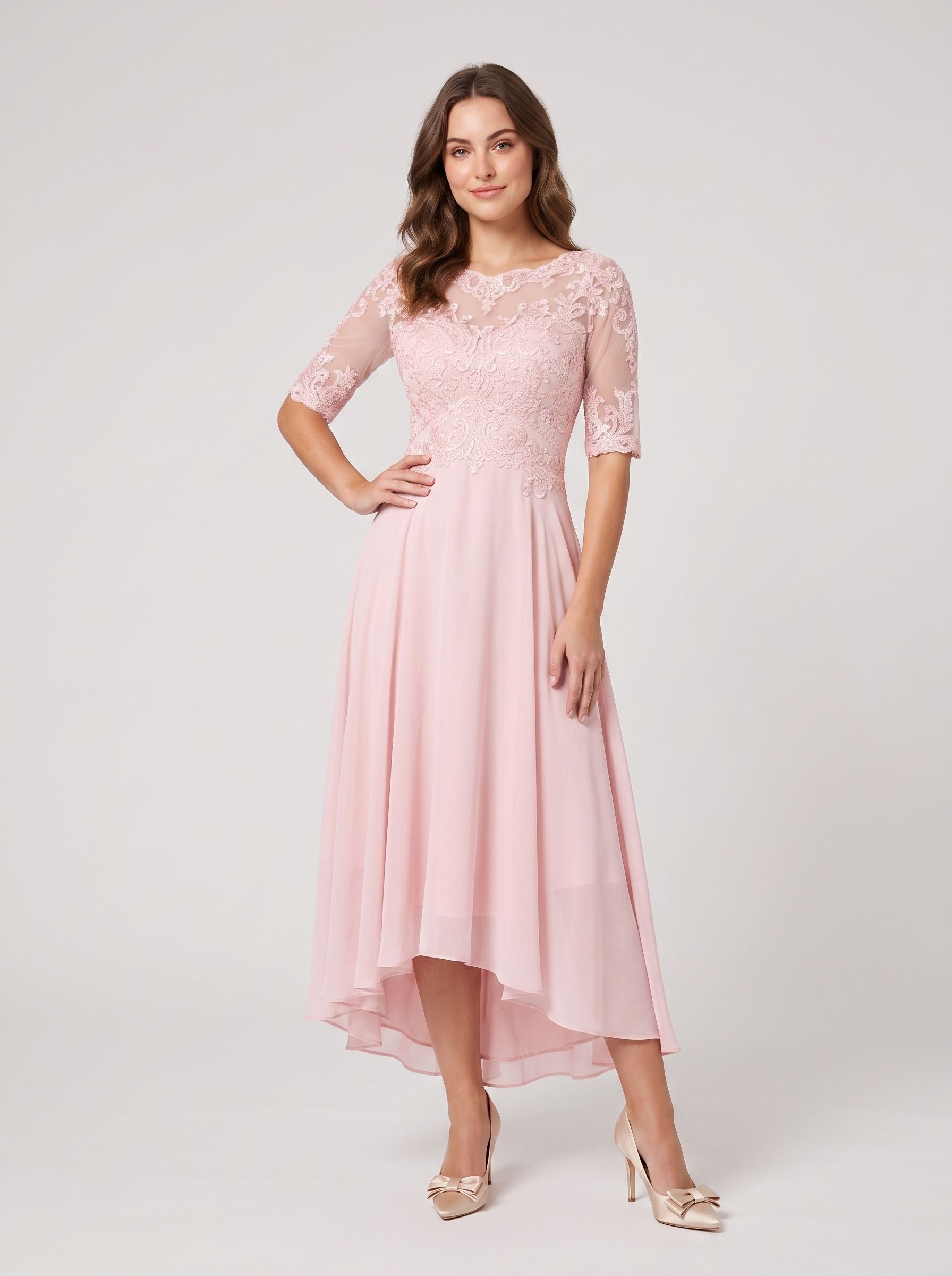 Abito da sera a trapezio, stile impero, per invitati a nozze, da sera formale, asimmetrico, a maniche lunghe, con scollo gioiello, in chiffon con inserti in pizzo e perline