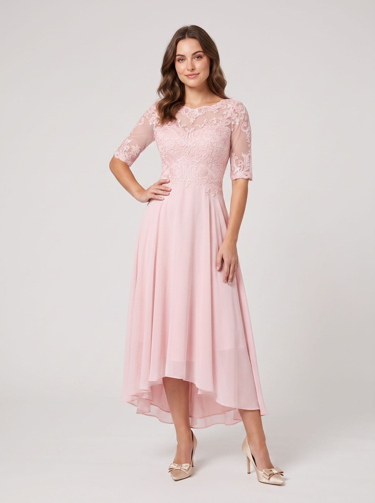Abito da sera a trapezio, stile impero, per invitati a nozze, da sera formale, asimmetrico, a maniche lunghe, con scollo gioiello, in chiffon con inserti in pizzo e perline