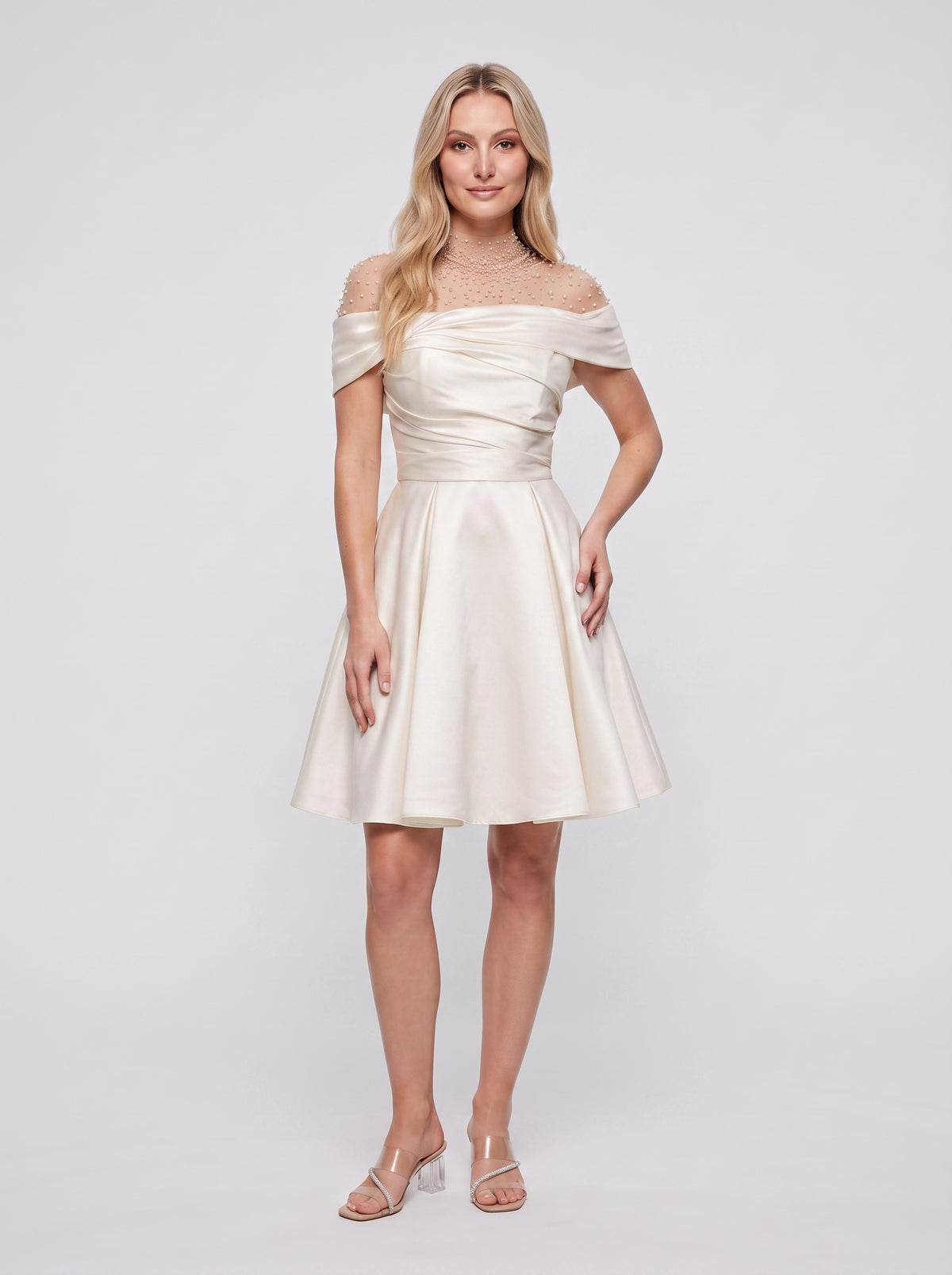 Ivory Satin A-Line Off-the-Shoulder Floor-Length Evening Dress