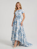 Blue Floral Print Satin A-Line Floor-Length Evening Dress with Fabric Flower Waist