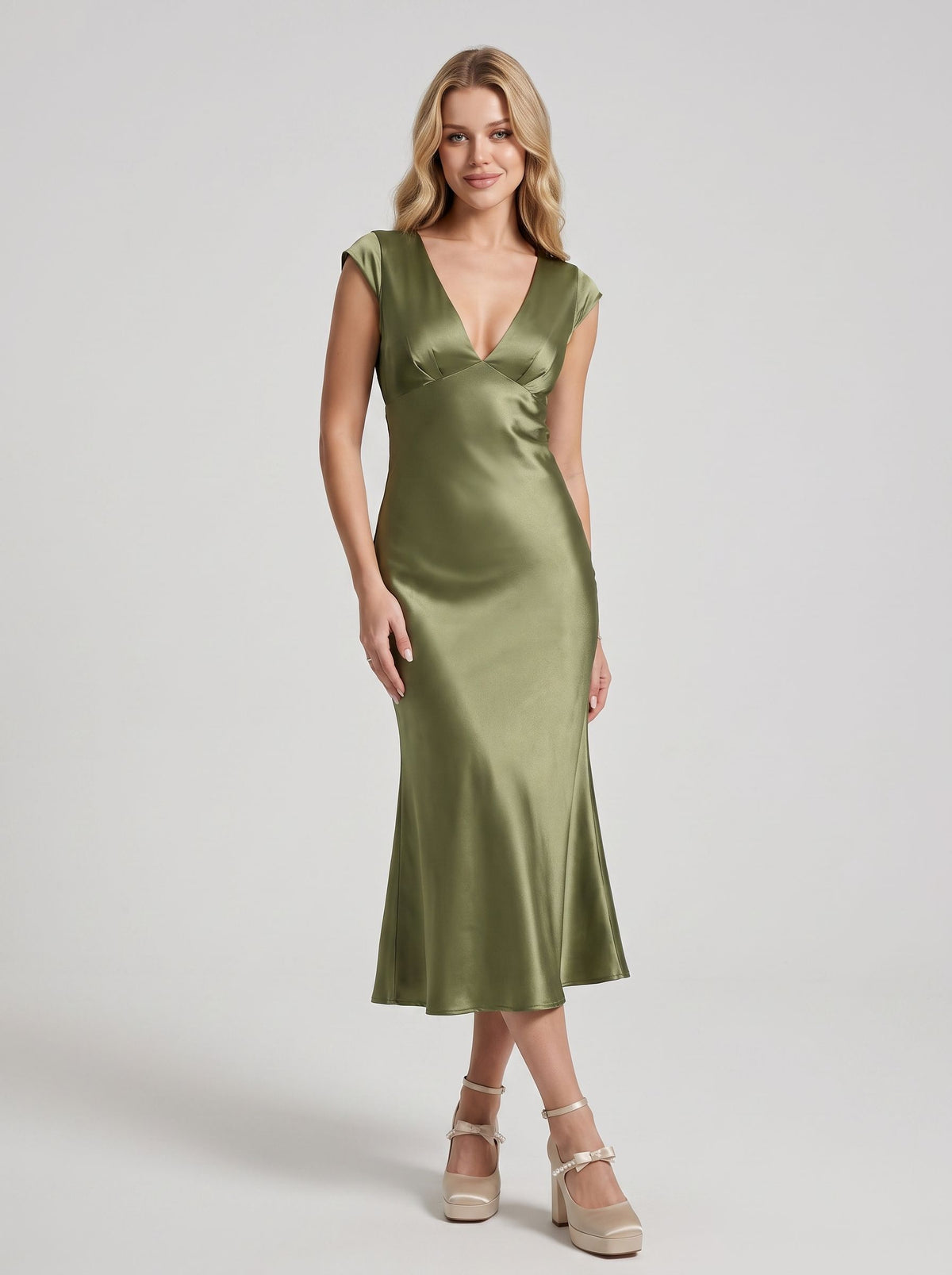Olive Green Satin Sheath Midi Bridesmaid Dress with V-Neck