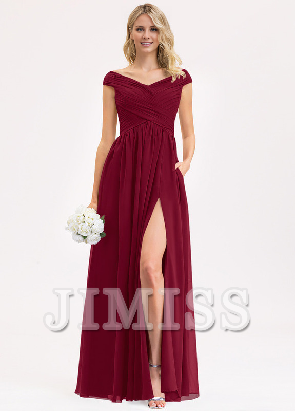 Vestido de dama de honor de gasa con volantes, corte A y largo hasta el suelo