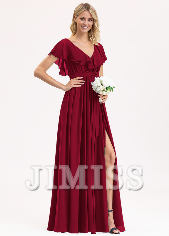 Abito da damigella d'onore in chiffon con scollo a V, lunghezza al pavimento, balze a balze e fiocco