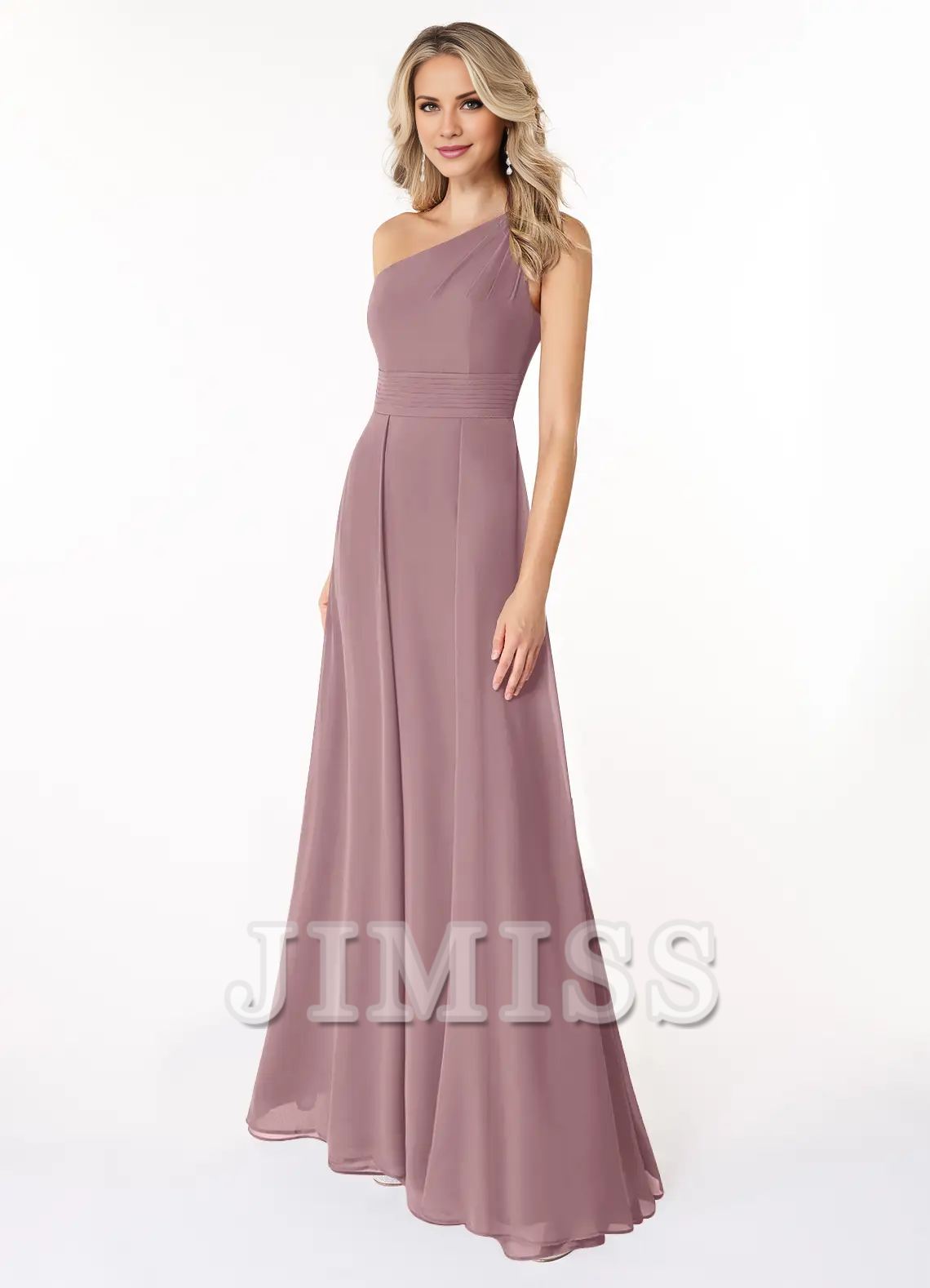 Abito in chiffon con spalle a trapezio e abito da damigella lungo fino al pavimento - Abito Jimiss 