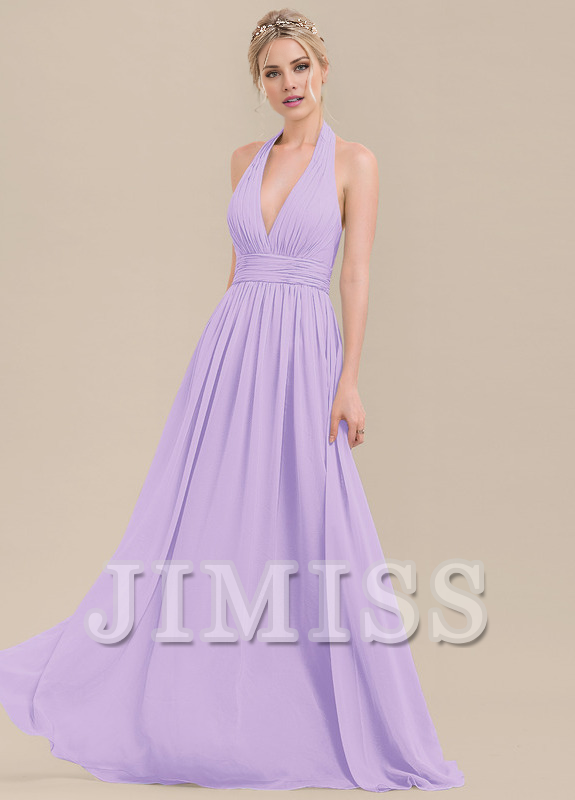 Vestido de dama de honor de gasa con volantes, corte A, cuello halter y largo hasta el suelo