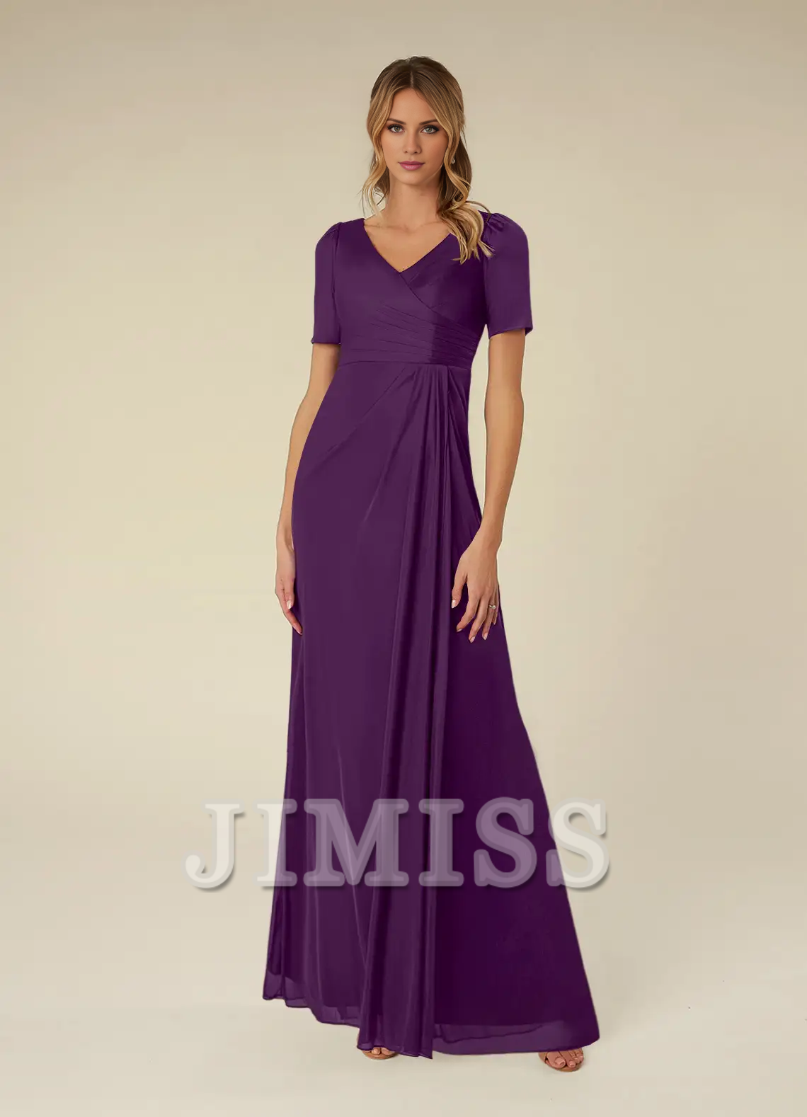 Abito da madre della sposa lungo fino al pavimento, a maniche corte, in rete plissettata, a trapezio