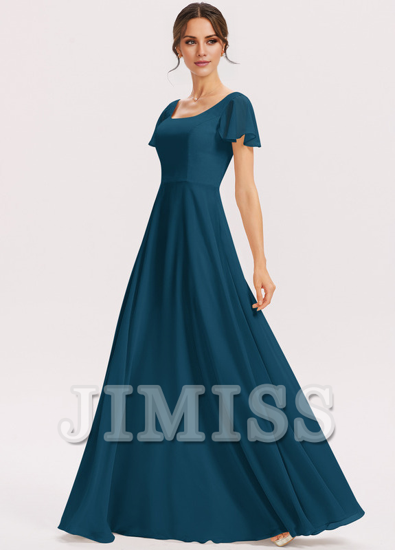 Vestido de dama de honor de gasa con volantes escalonados, corte A, cuadrado, largo hasta el suelo