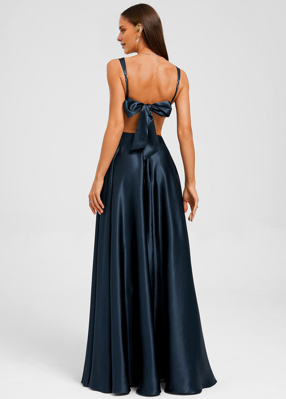 Vestido de fiesta recto de satén con lazo en forma de A y largo hasta el suelo