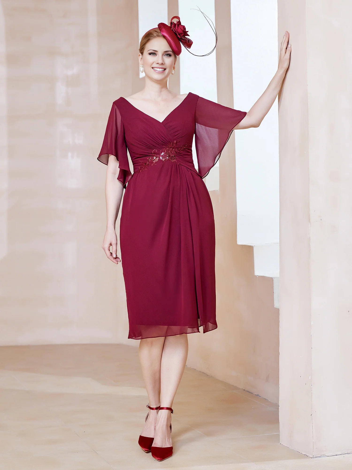 Burgundy Chiffon A-Line Knee-Length Dress with V-Neck and Flutter Sleeves