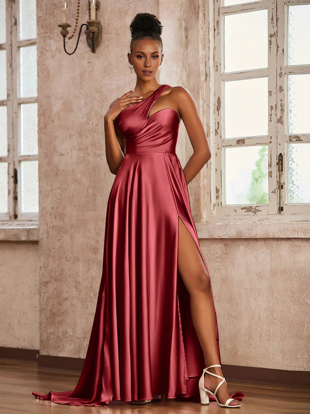 Satin Spaghetti-Strap Ruched Bodice High-Slit A-Line Train Floor-Length Bridesmaid Dresses