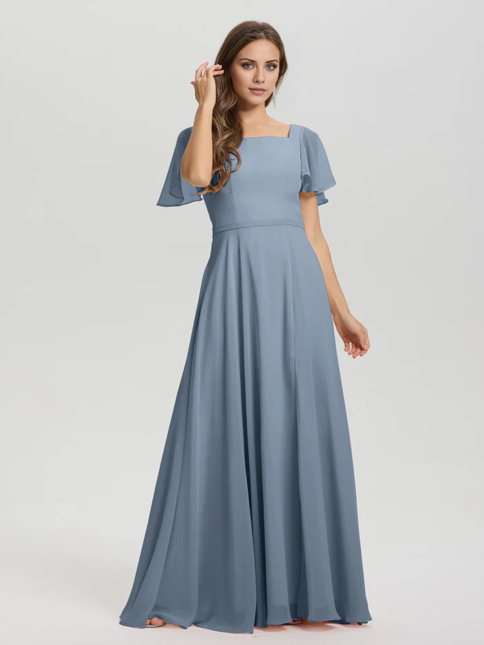 Vestido de dama de honor de gasa con cuello cuadrado, corte A, mangas cortas con volantes y largo hasta el suelo