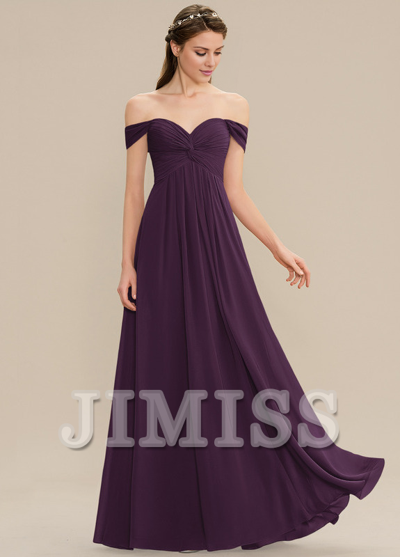 Vestido de dama de honor de gasa con volantes, corte A, hombros descubiertos y largo hasta el suelo