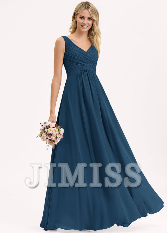 Abito da damigella d'onore in chiffon plissettato, lungo fino al pavimento, con scollo a V e linea ad A