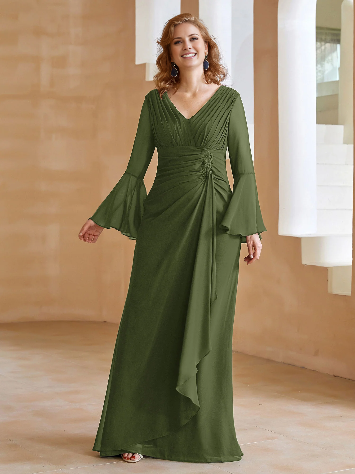 Olive Green Chiffon A-Line V-Neck Bridesmaid Dress with Ruched Bodice & Bell Sleeves