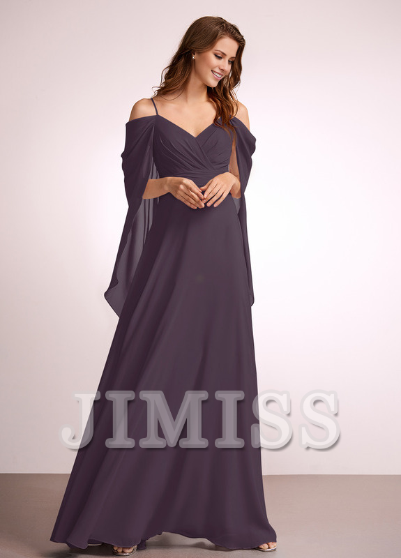 Abito da damigella d'onore in chiffon lungo fino a terra, con spalle scoperte e linea ad A