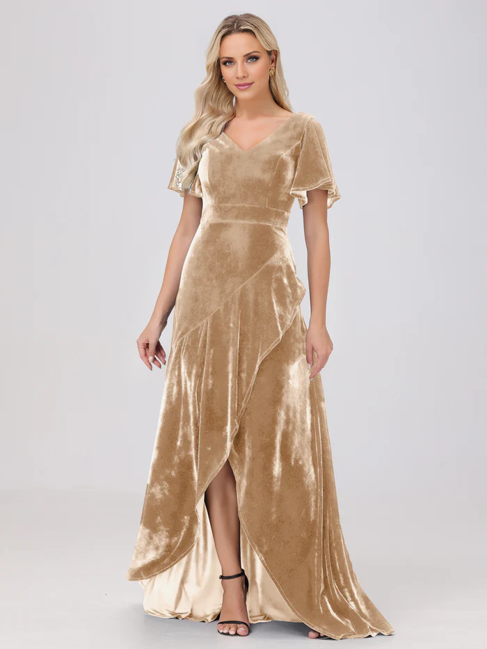 Vestido de dama de honor largo hasta el suelo, de terciopelo, con volantes y manga corta y escote en V