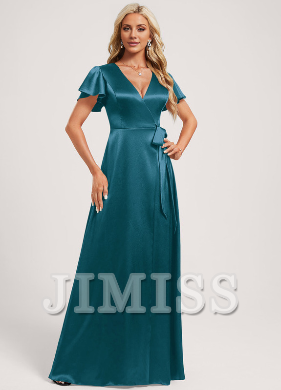 Vestido de dama de honor de satén elástico, largo hasta el suelo, con escote en V y corte A