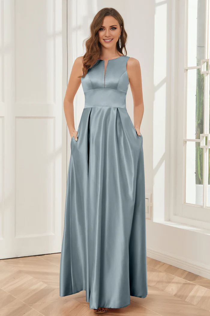 Abito da damigella d'onore a trapezio, senza maniche, in raso, lungo fino al pavimento