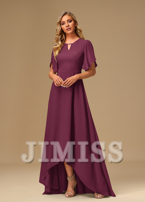 Vestido de dama de honor asimétrico de gasa con escote barco y volantes en forma de A