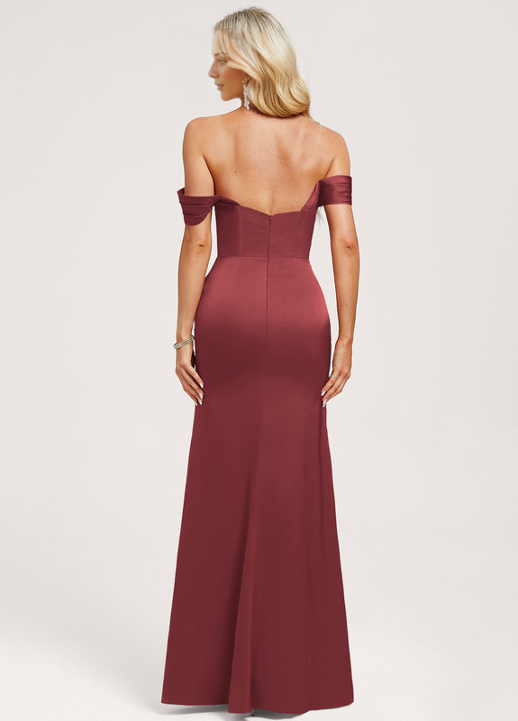 Vestido de dama de honor de satén mate, largo hasta el suelo, con hombros descubiertos y volantes en línea A