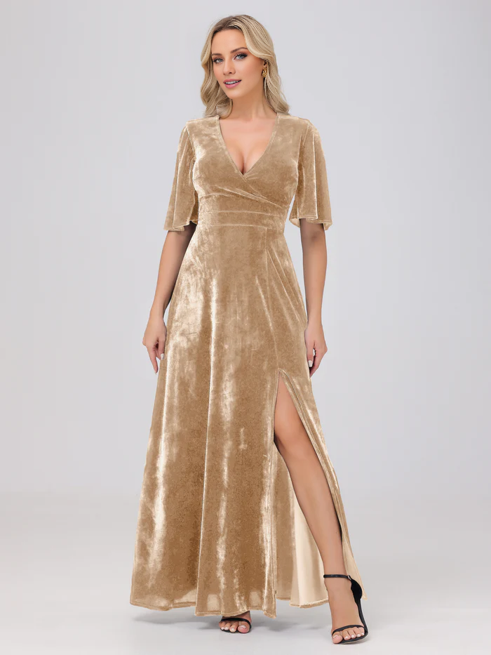 Abito da damigella d'onore in velluto con scollo a V, maniche corte e spacco, lunghezza al pavimento