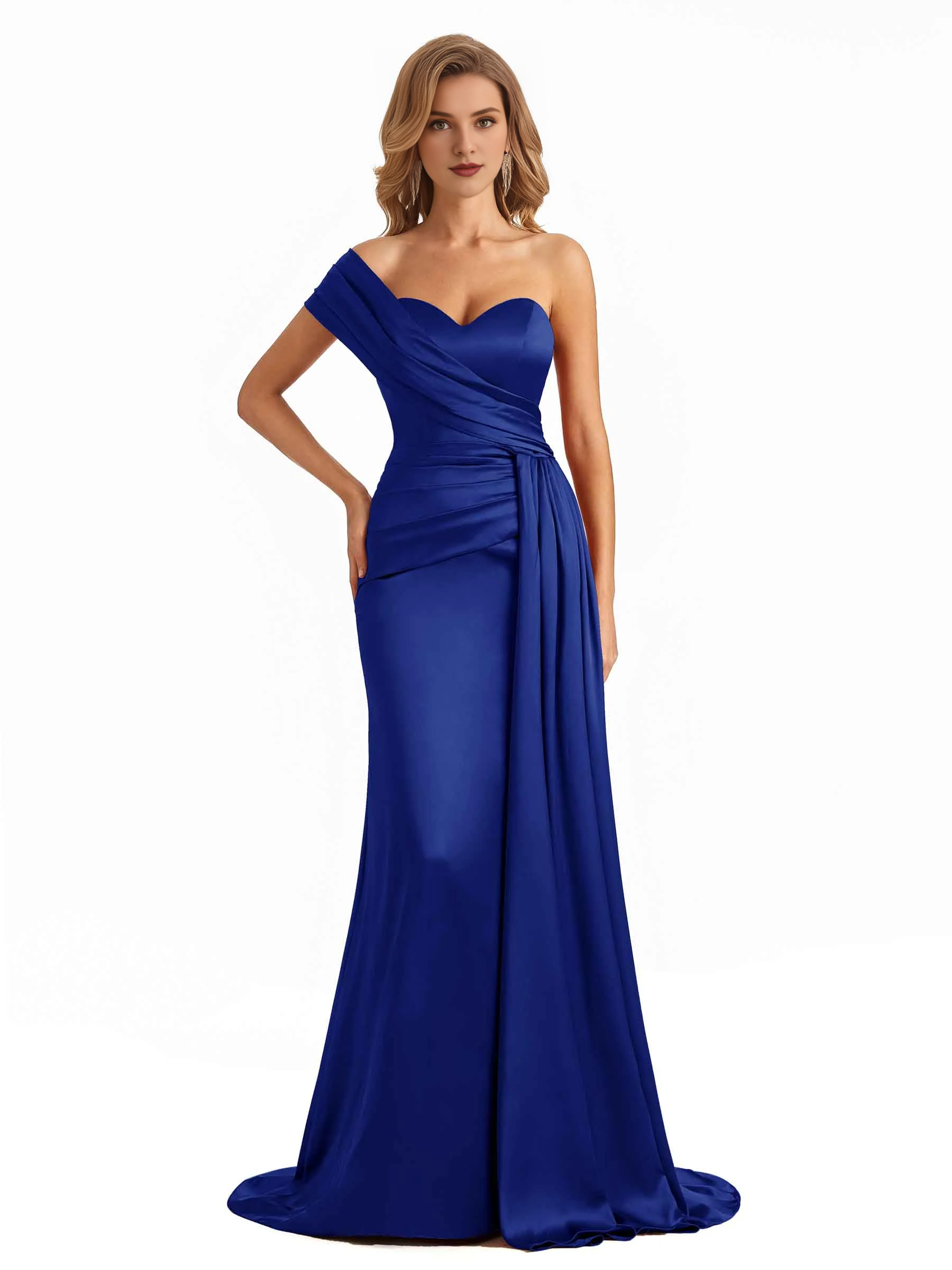 Elegant one shoulder soft satin long fish tail bridesmaid dress