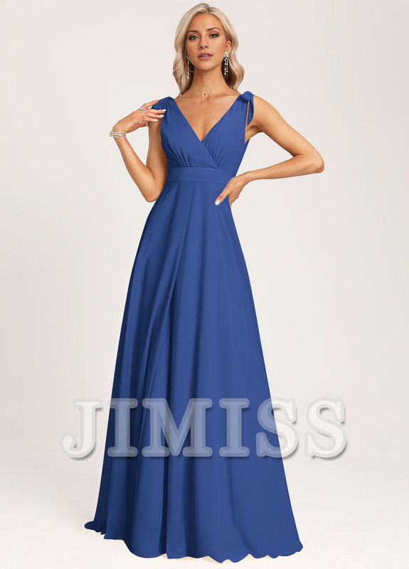 Vestido de dama de honor con escote en V y lazo de gasa en el fondo