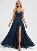 Dark Navy Chiffon A-Line Floor-Length Bridesmaid Dress with V-Neck & High Slit