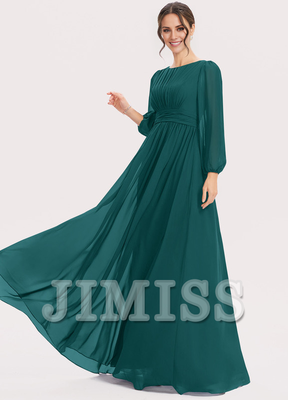 Dark Navy Chiffon A-Line Floor-Length Bridesmaid Dress with Boat Neck & Voluminous Sleeves