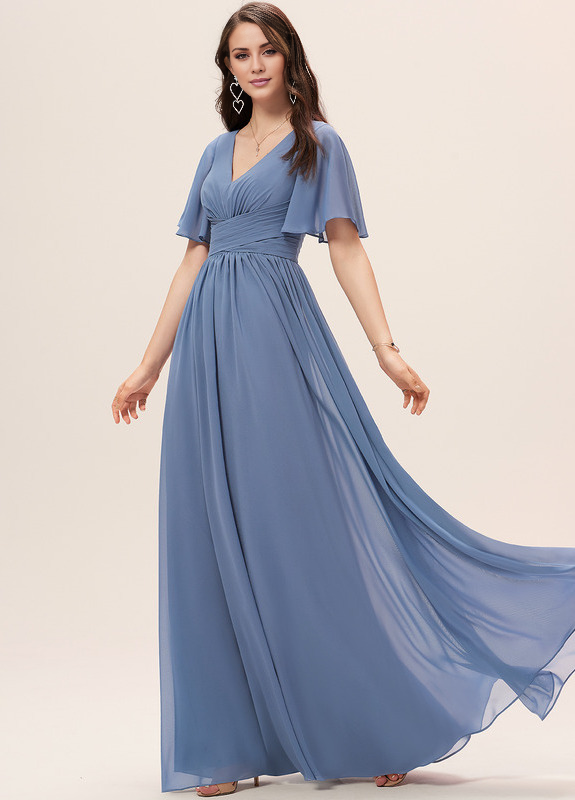 Dusty Blue Chiffon A-Line Floor-Length with V-Neck and Draped Bodice + Flutter Sleeves for Bridesmaid & Wedding-Guest