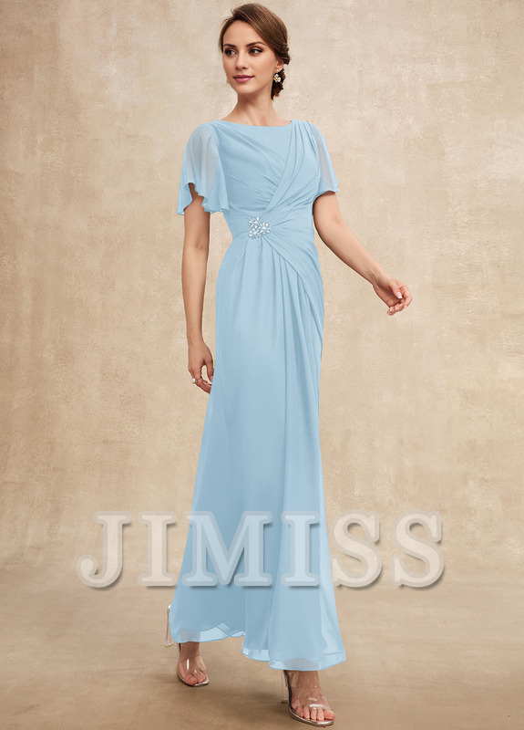 Vestido de gasa para madre de la novia, de corte A, plisado, con cuentas y escote pronunciado hasta los tobillos