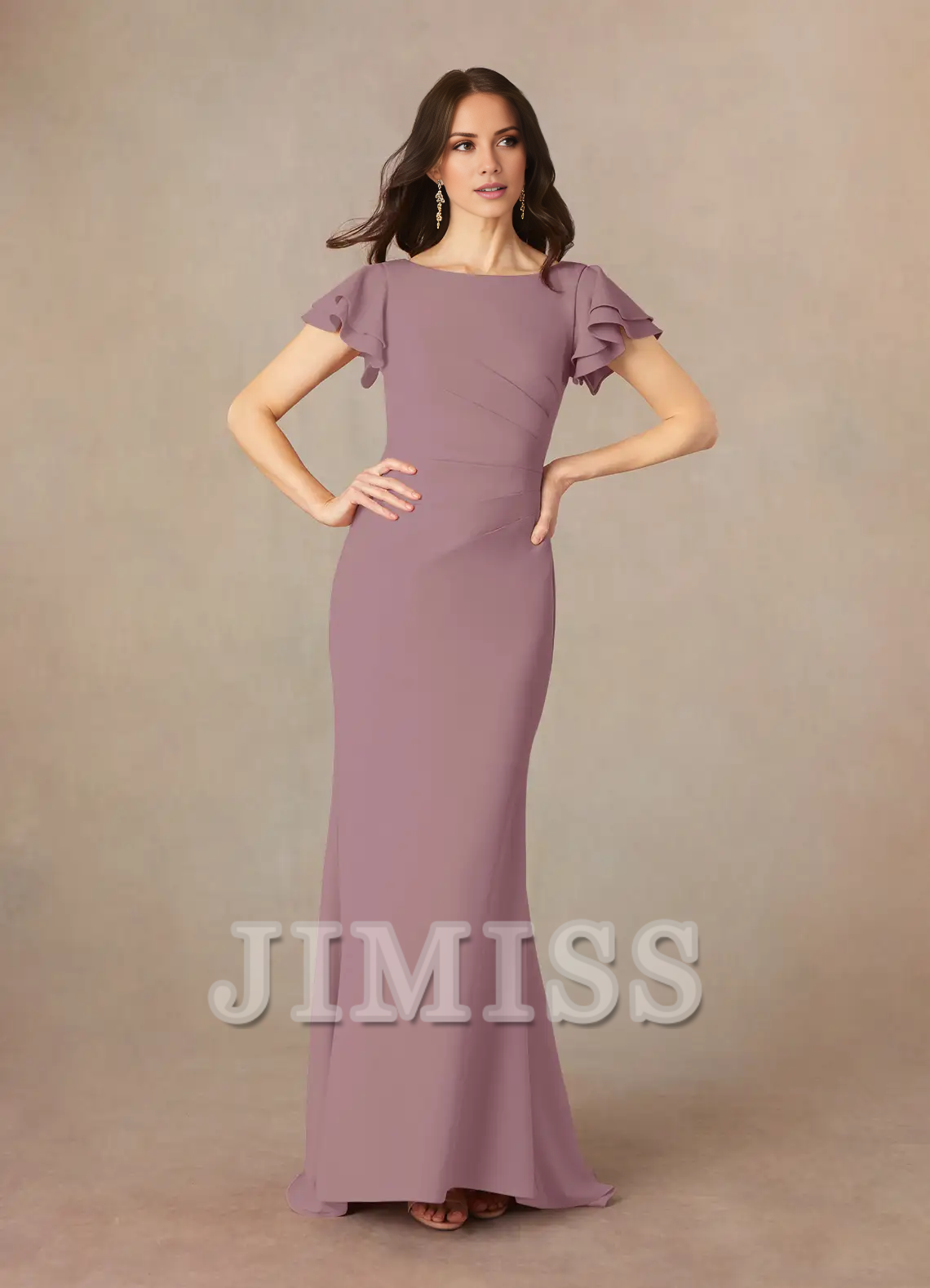 Burgundy Crepe Boat Neck Flutter Sleeve Floor-Length Bridesmaid Dress